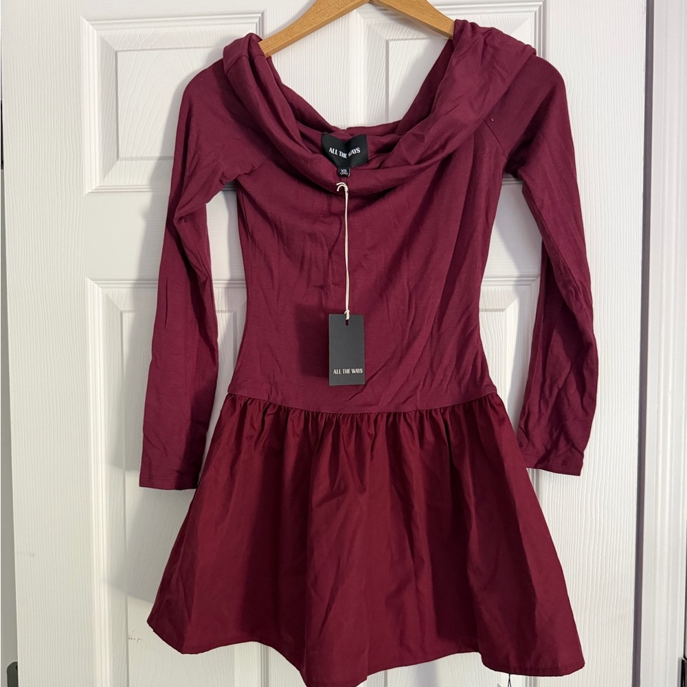 NWT, ALL THE WAYS Madley Mini Burgundy Long Sleeve Dress